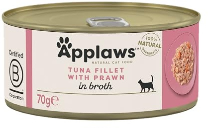 Applaws 100% Naturale Cibo Umido per Gatti Adulti - Tonno Filetto e Gamberetti in Brodo - 24 x 70g Lattine