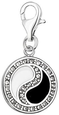 Quiges Charm Anhänger Weiß Zirkonia und Emaille 3D Symbol Yin Yang 925 Silber mit Karabinerverschluss für Bettelarmband