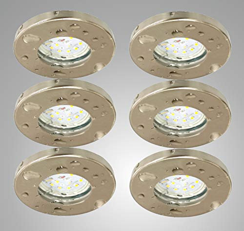 Trango 6er Set 6729IP-062-5WAK IP44 Einbaustrahler Edelstahl gebürstet inkl. 6x 5 W GU10 LED Leuchtmittel 3000K warmweiß Bad, Dusche, Feuchtraum Einbauleuchte, Badleuchte, Deckenspot, Deckenstrahler