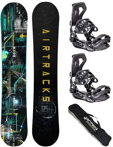 Airtracks Herren Snowboard Set Freeride Freestyle – Data Flat Zero Rocker Wide Snowboard 164 - Softbindung Master L - SB Bag