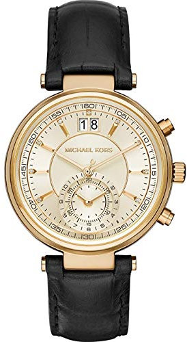 MICHAEL KORS Sawyer Womens Quartz Watch with Gold Dial and Black Leather Strap MK2433