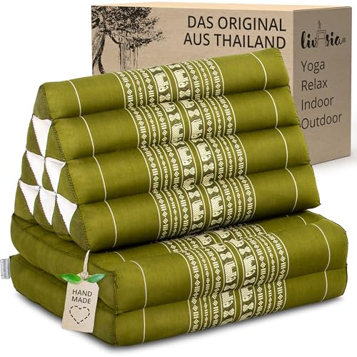 livasia Thai cushion with 2 seat rests - 47x20x3.1″ - Triangle cushion with seat cushion, Wedge cushion, kapok, Back support cushion, folding, Thai mat, folding, Hand made (Green/Elephants)