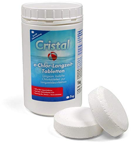 Cristal Chlor Langzeit-Tabletten 200g - 1 kg Eimer - Langzeitdesinfektion für Pools - Stabilisiertes Chlor - Effektive Wasserpflege für Pools ab 20m³