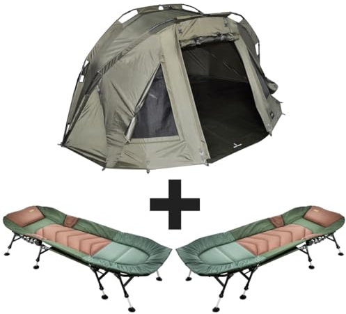 Karpfenzelt + 8-Bein-Liege (Tragkraft 140kg) 5 Seasons 1-2 Mann Zelt Angelzelt Bivvy Dome incl. Gummihammer Kaprfenzelt