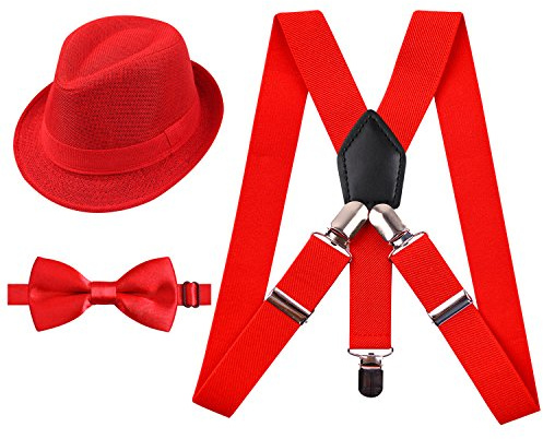 Alizeal Bretelle elastiche da 2,5 cm 3 Clip Suspender e Bow Tie Set con cappello per bambini-Rosso