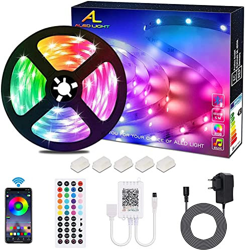 Striscia LED 5M Bluetooth, ALED LIGHT Strisce Luci Led RGB 5050 SMD con DC 12V Alimentatore e 44 Tasti Telecomando e Ricevitore, Nastro LED Decorazione per Natale Feste Casa Matrimonio