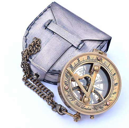 NEOVIVID Cadran solaire boussole en laiton avec chaîne et étui en cuir – Marine nautique – Horloge solaire – Accessoire steampunk
