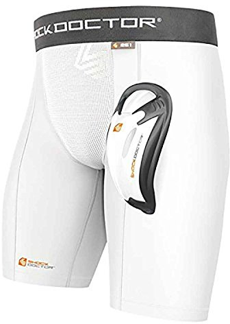 Shock Doctor Double Compression Short with Cup (Included). Adult and Youth. Baseball, Football, Hockey, Softball, Lacrosse. White