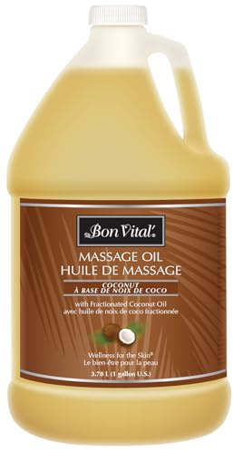 Bon Vital' Coconut Massage Oil, 1-Gallon Container, 100% Pure Fractionated Coconut Oil for Dry Skin, Lightweight Non-Greasy, Neutral Scent, Non-Staining, for Massage Therapy & At-Home Use