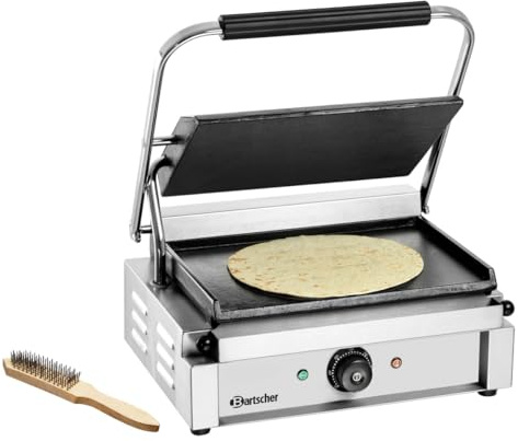 Bartscher Kontaktgrill Panini 1G – elektrischer Grill mit glatter Gusseisenplatte, 230 V, 2,2 kW, für Gastronomie, silbergrau, inkl. Reinigungsbürste