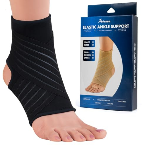 Actesso Knöchelbandage – Sprunggelenkbandage für Schmerzen, Verstauchungen & Sportverletzungen | Bandage Fußgelenk für Männer/Frauen | Links/Rechts Tragbar (Schwarz, Klein)