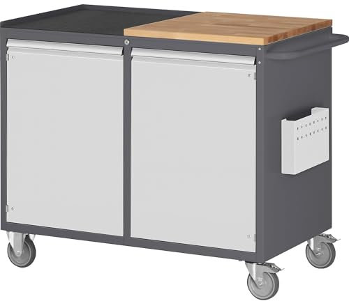 RAU | Kompaktwerkbänke | fahrbar | 2 Türen | Arbeitsfläche Holz/Metall | anthrazit/lichtgrau