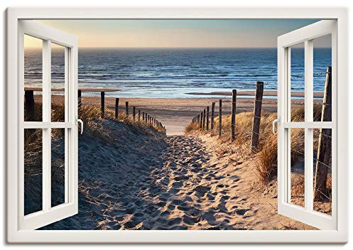 ARTLAND Wanddeko Leinwand Bilder Wandbild 100x70 cm Fensterblick Fenster Strand Düne Meer Maritim Landschaft Küste Natur T6BV
