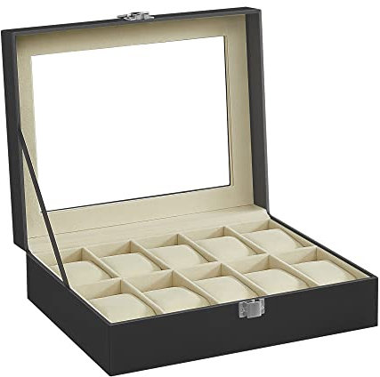 SONGMICS Uhrenbox mit 10 Fächern, Uhrenkasten, Glasdeckel, Uhrenkoffer, herausnehmbare Uhrenkissen, Metallverschluss, Geschenkidee, weihnachten, PU-Bezug in Schwarz, Innenfutter in Beige JWB010
