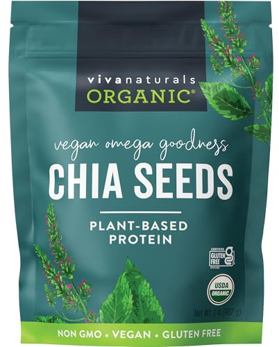 Viva Naturals Organic Chia Seeds, 2 lb, 32 Oz – Plant-Based Omega-3 and Vegan Protein, Gluten Free & Non-GMO, Perfect for Smoothies, Salads & Chia Pudding