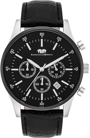 Rhodenwald & Söhne Goodwill Herrenuhr Chronograph Edelstahl bi-Color schwarz 5 ATM Präzisions-Quarzwerk Echteder-Armband schwarz Armbanduhr