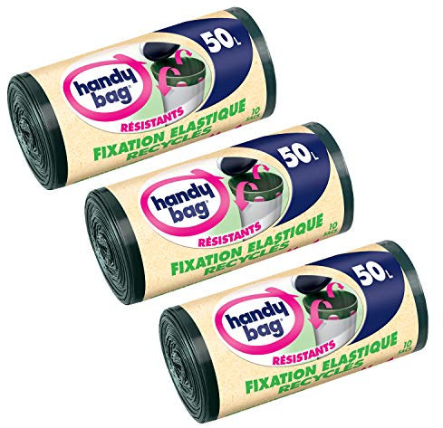 Handy Bag 10 Sacs Poubelle Poignées Coulissantes Fixation Élastique Recyclés Résistant Anti-Fuites Vert Foncé, 68x 73cm, Le Lot de 3 x 50L