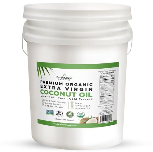 Earth Circle Organics Premium Ultra-Pure UNREFINED Cold Pressed Organic Extra Virgin Coconut Oil - Gluten-Free, Keto & Paleo Friendly - Pure Oil for Skin & Hair Care, Cooking, Baking & More - 5 Gallon