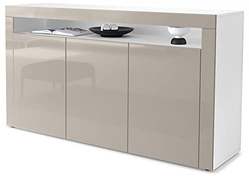 Vladon Sideboard Valencia, Made in Germany, Kommode mit 3 Türen und 1 offenem Fach, Weiß matt/Sandgrau Hochglanz (155 x 92 x 40 cm)