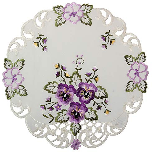 Quinnyshop Lila Stiefmütterchen Stickerei Tischdeckchen 40 cm Rund Polyester, Weiß
