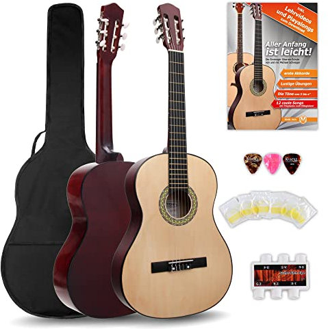 Classic Cantabile AS-851 4/4 Konzertgitarre Starter Set (Komplettes Anfänger Set mit Klassik Gitarre, Gigbag Tasche, Nylonsaiten, Lehrbuch/Schule, 3x Plektren und Stimmpfeife)