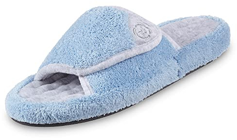 isotoner Women's Indoor/Outdoor Slip-on Adjustable Terry Spa Slide Slippers with Memory Foam Comfort, Blue Moon, 9.5-10