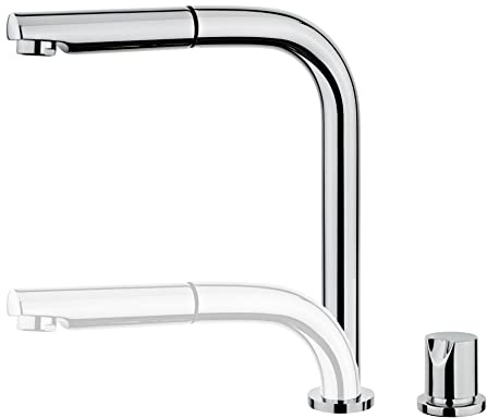 TEKA Grifo Cocina Monomando, Caño Bajo Retráctil, Maneral Extraíble, Giratorio, Aireador Anticalcáreo, Latiguillos Flexibles 3/8”, Cromo, Modelo AUK 983