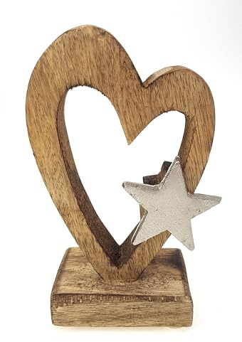 TEMPELWELT® Deko Figur Herz 15 cm, Mango Holz massiv Natur mit Stern Aluminium Silber, Dekoherz Herzaufsteller für Frühling Sommer Winter Hochzeitsdeko