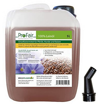 5-Liter-Kanister ProFair Leinöl kaltgepresst, 100% aus reiner Leinsaat, ohne Zusätze, Einzelfuttermittel für Pferd, Hund und Katze