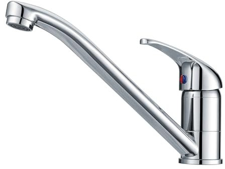 Hapilife Chrome Kitchen Tap Single Lever Kitchen Mixer Taps 1 Hole Long Spout Monobloc Brass Low Arc Faucet 360° Swivel Spout Sink Mixer Tap Top Lever