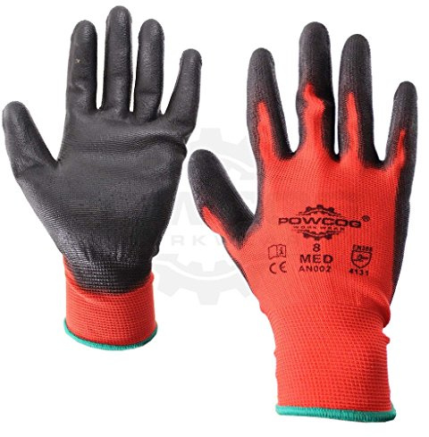 12 Pairs of 'POWCOG' PU Safety Work Gloves PPE | RED & Black | Large | Perfect for Gardening Mechanics Warehouse DIY