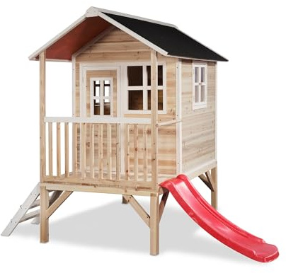 EXIT Toys Loft 300 trälekhus för utomhusbruk med rutschkana – trädgårdshus av trä för barn med vattentätt tak – enkel montering – 100 % FSC cederträ – 269 x 190 x 215 cm – natur