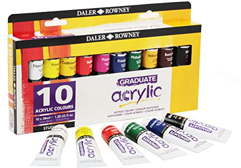 Daler Rowney GRADUATE Acrylic, Acrylfarbe in Studenten-Qualität, Selection Set mit 10 x 38 ml, multi | Farblich sortiert, hohe Lichtechtheit, wasserbasiert, lösungsmittelfrei, für Kunststudenten