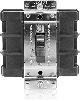 Leviton 60 Amp, 600 Volt, 2-Pole, Single Phase Single Throw, AC Manual Motor Controller, Standard Toggle, Industrial Grade, Non-Grounding, Back Wired, MS602-BW, Black