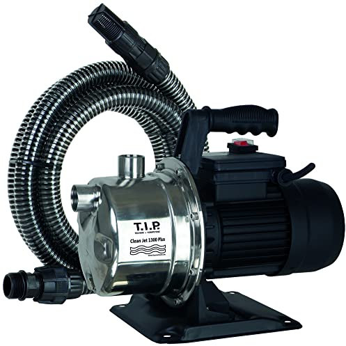 T.I.P. Edelstahl-Gartenpumpe mit Jet-System, 4.400 l/h, 50 m Höhe, 1.200W, thermischer Schutz, Inkl. 4 m Ansaugschlauch, Tragegriff, Clean Jet 1300 Plus, 30087