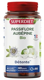 SUPERDIET - PASSIFLORE AUBÉPINE BIO – Détente – Phytothérapie – Fabrication Française – 80 comprimés