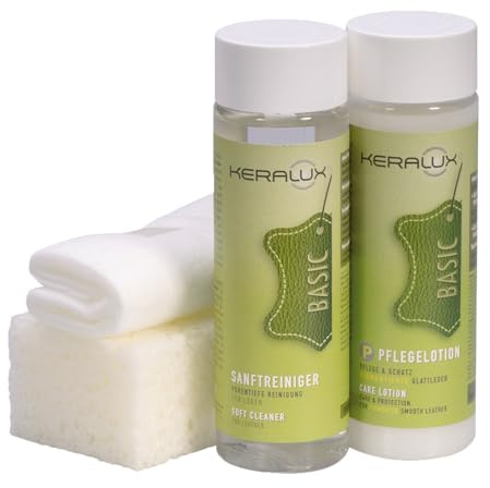 KERALUX 4-teiliges Pflegeset P für pigmentierte Glattleder, 200 ml Reiniger, 200 ml Pflege, Schwamm, Tuch. Mit Imprägnierung und Lichtschutz
