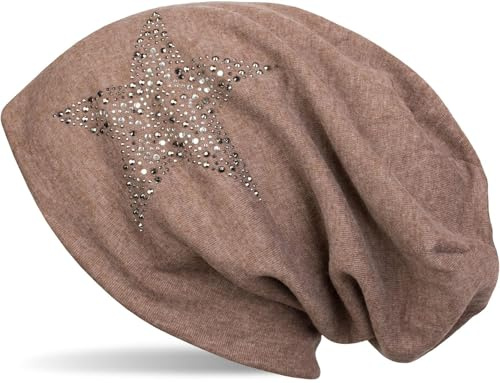 styleBREAKER Dam slouch beanie mössa med strass stjärna | glitter lång beanie av mjuk viskos | en storlek för vuxna, taupe melerad, one size