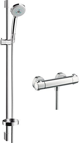 hansgrohe Croma 100 - set doccetta per doccia con doccino (3 getti), miscelatore termostatico Ecostat Comfort, tubo flessibile (1,60 m) e asta doccia (0,9 m), cromo, 27085000