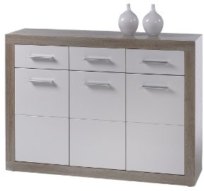 Stella Trading Sideboard weiß glanz mit Schubladen, Korpus Eiche Sonoma Nachbildung, BxHxT 117x88x37 cm