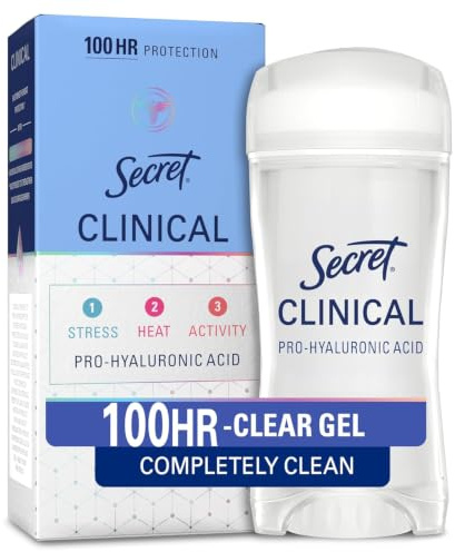 Secret Clinical Strength 100HR Sweat & Odor, Clear Gel Antiperspirant Deodorant for Women, 3X Stress Protection with Hyaluronic Acid, PH Balancing Minerals, Completely Clean Scent, 2.6 oz