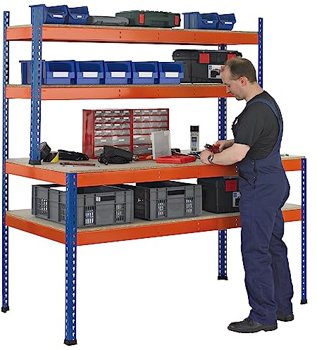 SCHULTE Lagertechnik Z1-Packtisch mit Lagerebene und Regalaufsatz | 1981 x 1536 x 773/316 mm (HxBxT), blau/orange