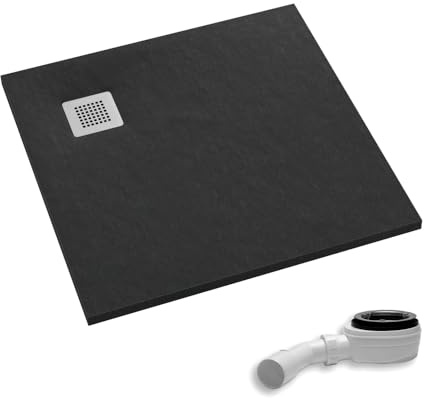 AQUABAD Duschwanne/Duschtasse Palast mit LeakProtect Technologie Black Stone 100x100cm Quadrat - Blende: polierter Stahl | inkl. Ablaufgarnitur/Siphon