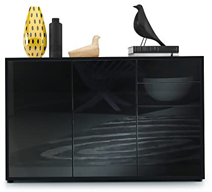 Vladon Sideboard Ben V3, Kommode mit 3 Türen und 2 Schubladen, Schwarz matt/Schwarz Hochglanz (117 x 74 x 36 cm)