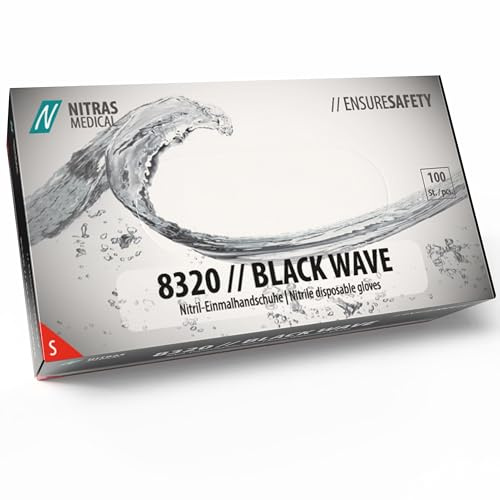 Nitras 8320 BLACK WAVE unsterile, medizinische, lebensmittelgeeignete Nitril-Einmalhandschuhe Farbe schwarz, puderfrei & latexfrei 100 Stück im Spenderkarton Größe S