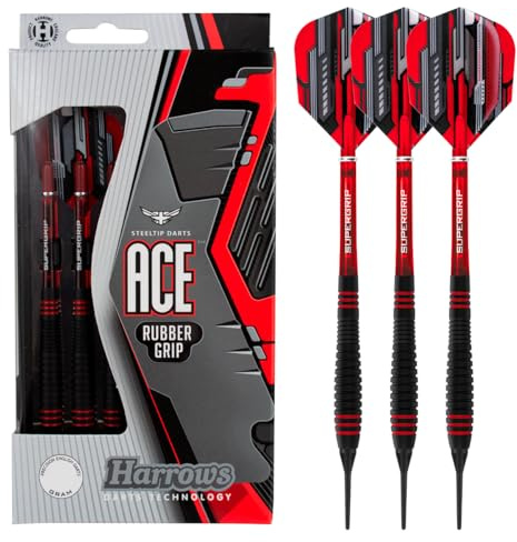 Harrows Ace Rubber Brass Soft Tip Darts Set 16g & 18g - Comprend des tiges Supergrip, des Volants Micron Marathon et Un étui de Voyage Pratique - 10pc Set (16g)