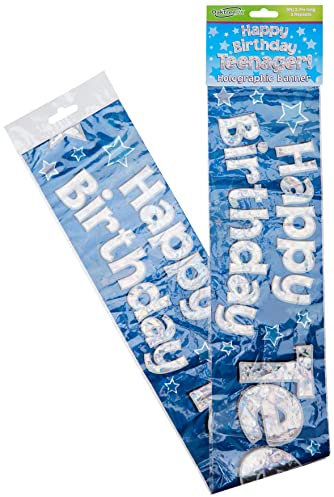 9ft Banner Happy Birthday Teenager Blue Foil Holographic