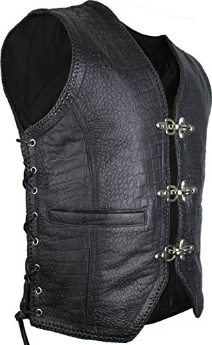 Mens Cuir Veste en Croco Style, en Cuir véritable Biker Noir Gilet (3XL)