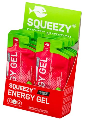 Squeezy Energy Gel Box Cola+Koffein (12x 33g) – Sport Gel für Ausdauer, schnelle & langanhaltende Energie – Laufen, Marathon, Radsport – Vegan, magenfreundlich, ohne künstliche Zusatzstoffe