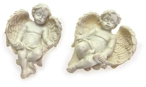 2X Deko Figur Engel Schutzengel mit Magnet im Set je 6 cm, Polystein Creme weiß, Kühlschrankmagnet mit Dekofigur Engelkind Engelchen Rubensengel Engelfigur schlafend